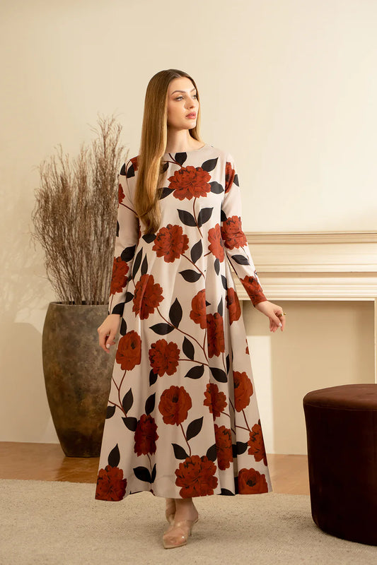 Digital Printed Maxi Dress In Rust & Black 01pc - 812