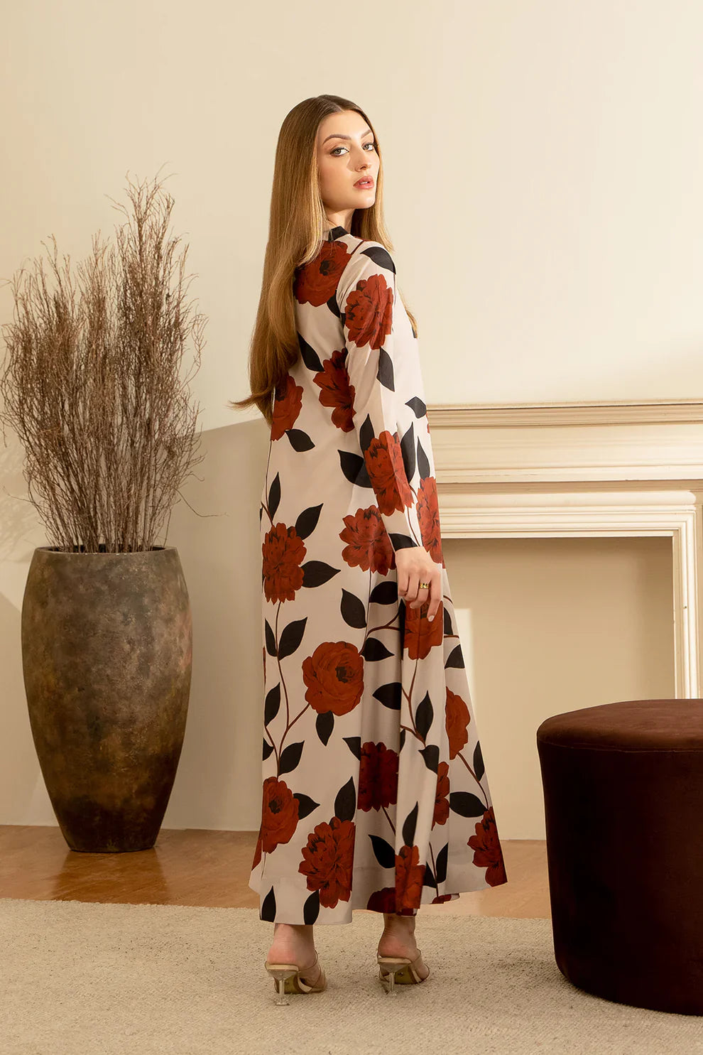 Digital Printed Maxi Dress In Rust & Black 01pc - 812